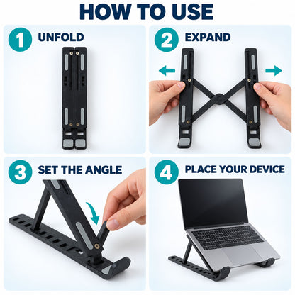 A four-step guide illustrates how to unfold, expand, set the angle, and place a laptop on the black adjustable stand.