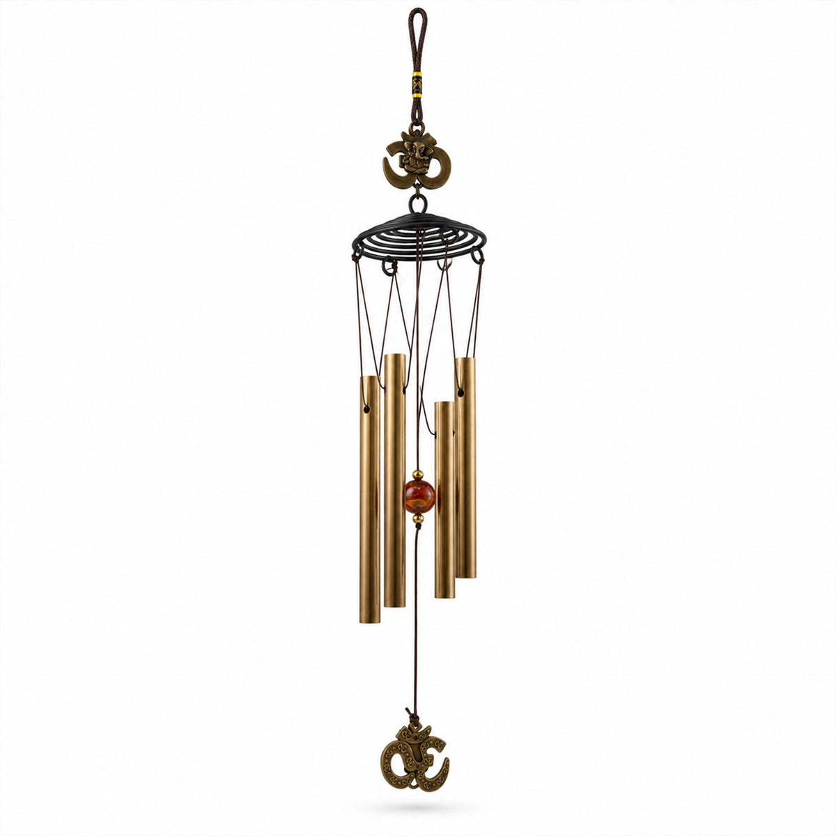A metal wind chime with five gold-toned tubes, a red bead, and Om symbols, hanging against a plain white background.