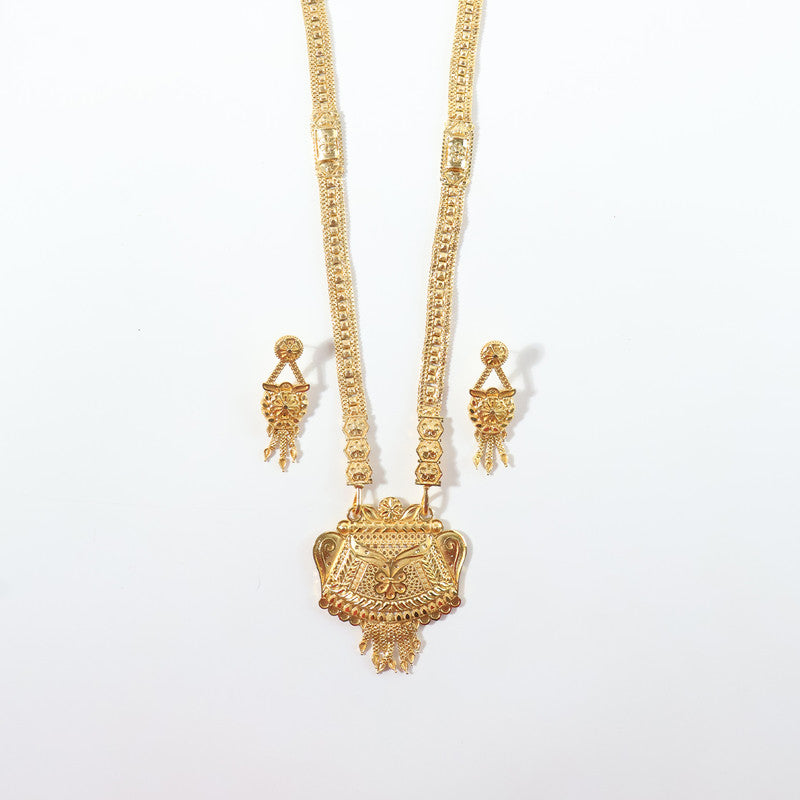 Gold-Tone Traditional Necklace Set with Ornamental Pendant & Matching Dangling Earrings