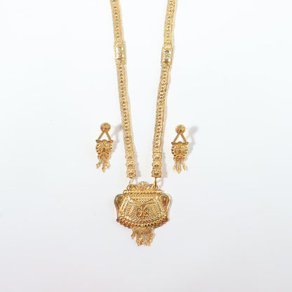 Gold-Tone Traditional Necklace Set with Ornamental Pendant & Matching Dangling Earrings