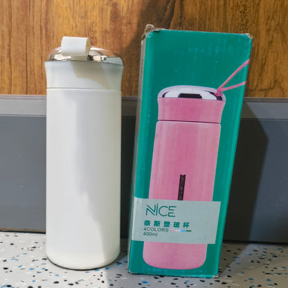 Water bottle 400ml leak proof, glass water bottle with daily water intake for gym and children, Nice Bottle (1 pc / White Color)