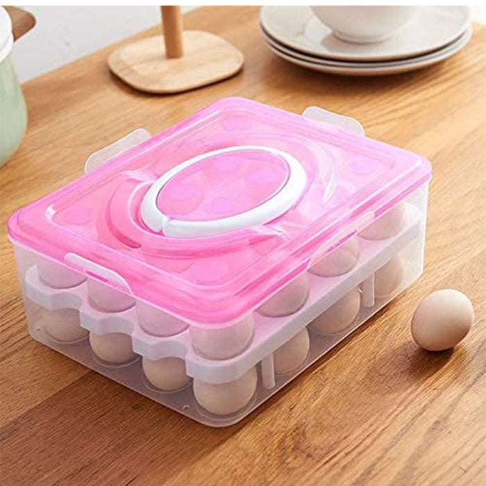 5725 2Layer, 32 Grid Egg Tray with Lid Egg Carrier Holder for Refrigerator, Camping Food Storage Container with Handle (1 Pc )