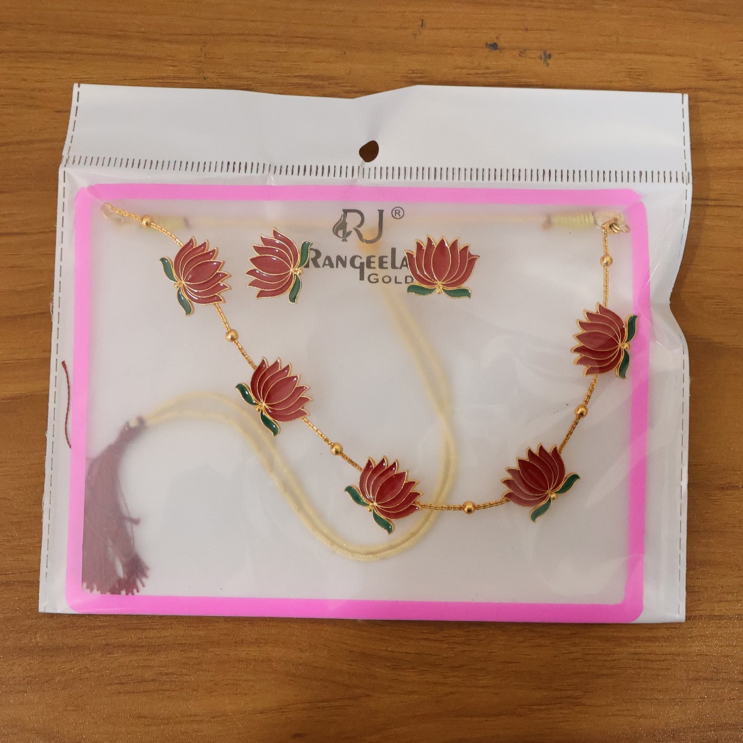 Red Lotus Necklace Set – Adjustable Thread Ethnic Jewellery