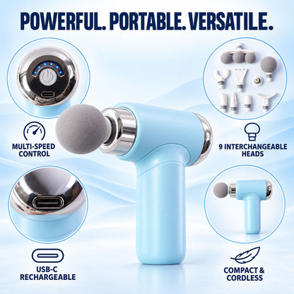 A light blue massage gun with callouts for multi-speed control, 9 interchangeable heads, USB-C, and compact design.