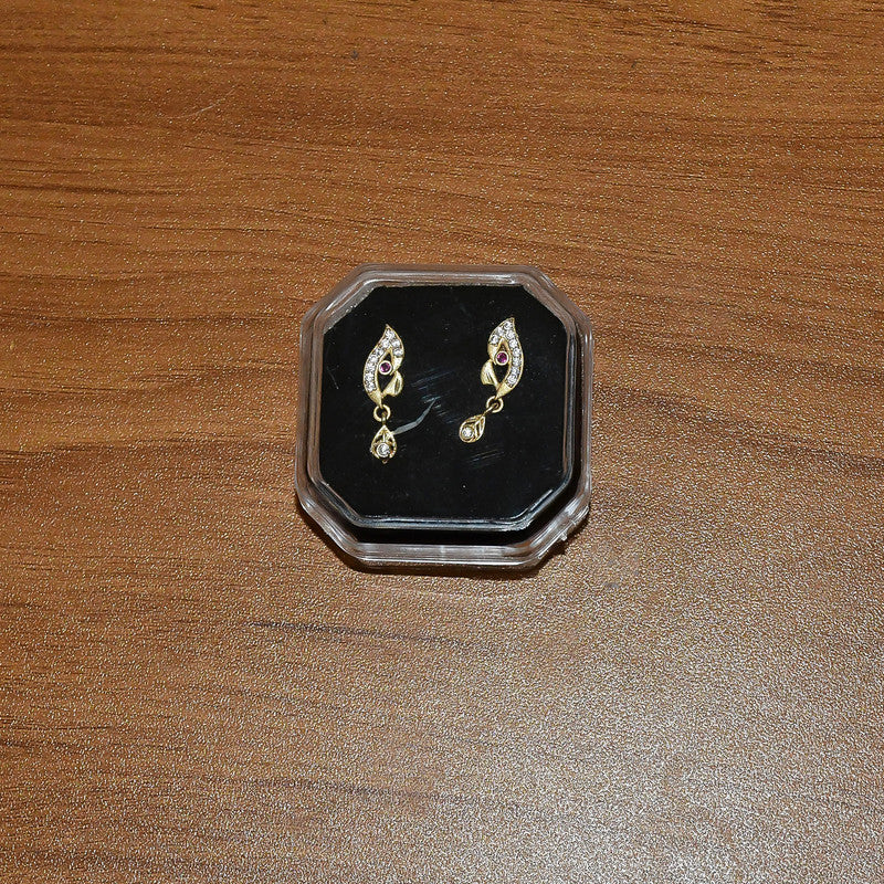 Stylish Leaf Pattern Gold Earrings with Stone Work & Drop Charm