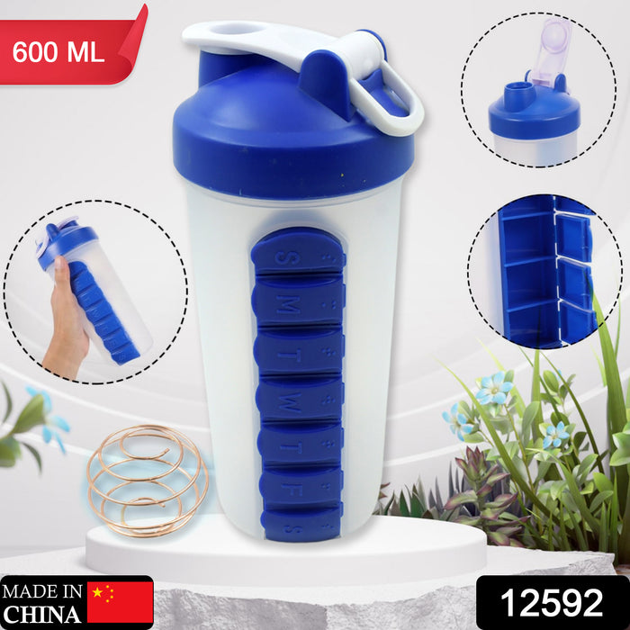12592 2 In1 Pill Shaker Cup Vitamin Holder Water Bottle with Pill Holder Daily Medicine Planner Shaker Water Bottle pillboxes Organizer pre Workout Shaker Fitness pp Bracket Portable (600 ML)