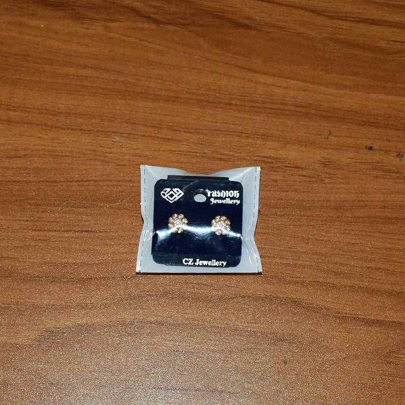 Gold Finish Round Crystal Stud Earrings with Floral Pattern for Women