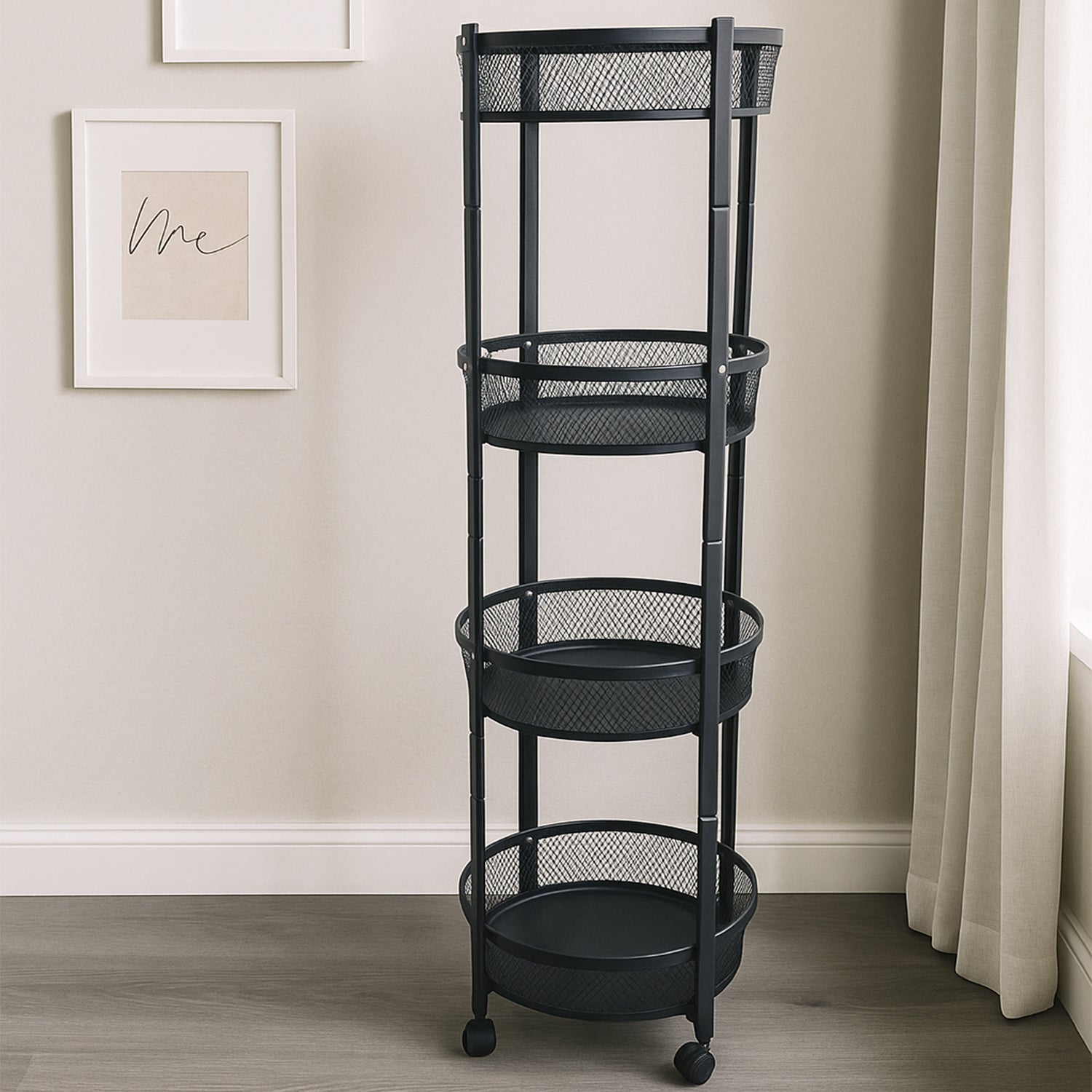 4-Layer Round Metal Mesh Storage Organizer Rack with Wheels (1 Pc)