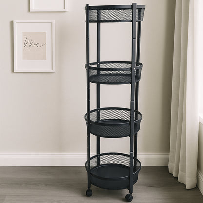 4-Layer Round Metal Mesh Storage Organizer Rack with Wheels (1 Pc)