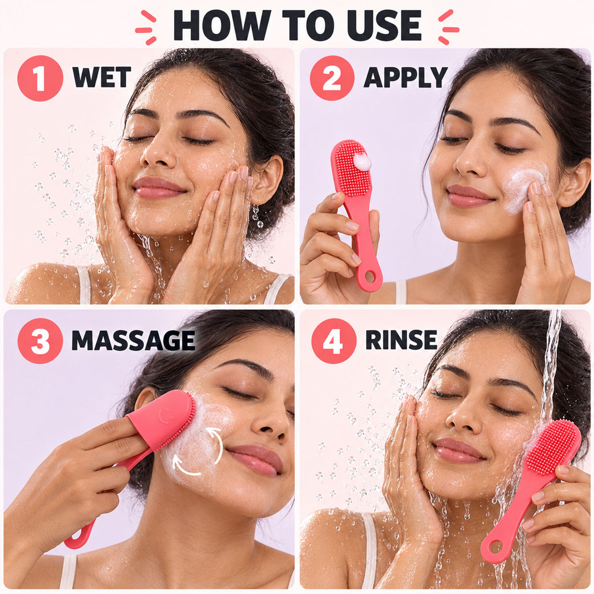 Silicone Face Cleansing Brush with Handle, Soft Facial Scrubber Set (2 Pc)
