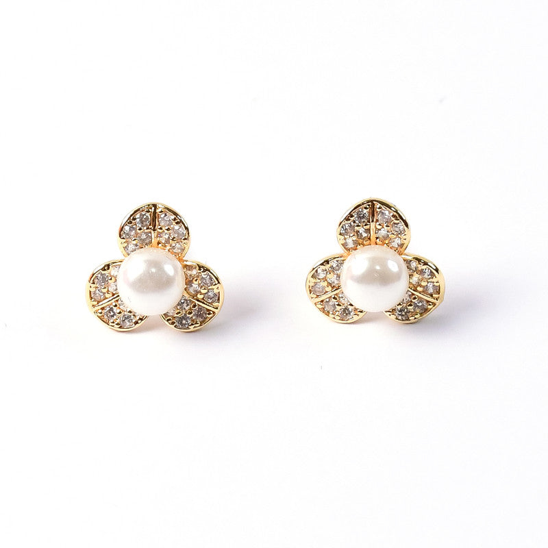 Pearl Center Clover Design Stud Earrings with Gold Finish for Women