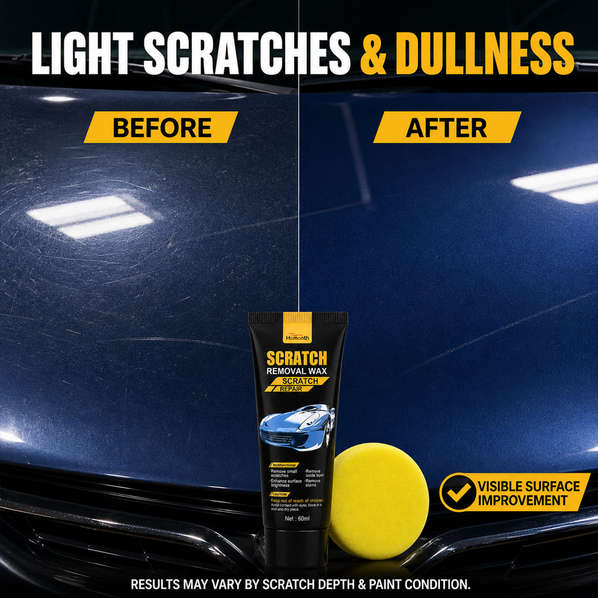 Before and after comparison of a car hood showing light scratches removed by the wax.