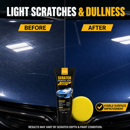 Before and after comparison of a car hood showing light scratches removed by the wax.