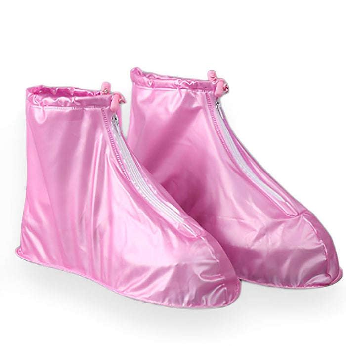17976 Plastic Shoes Cover Reusable Anti-Slip Boots Zippered Overshoes Covers Transparent Waterproof Snow Rain Boots for Kids / Adult Shoes, for Rainy Season (1 Pair / Pink)