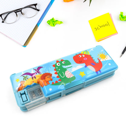 Plastic Multipurpose Compass Box – Double Deck Pencil Case with 2 Compartments & Cartoon Organizer (1 Pc, Mix Design)