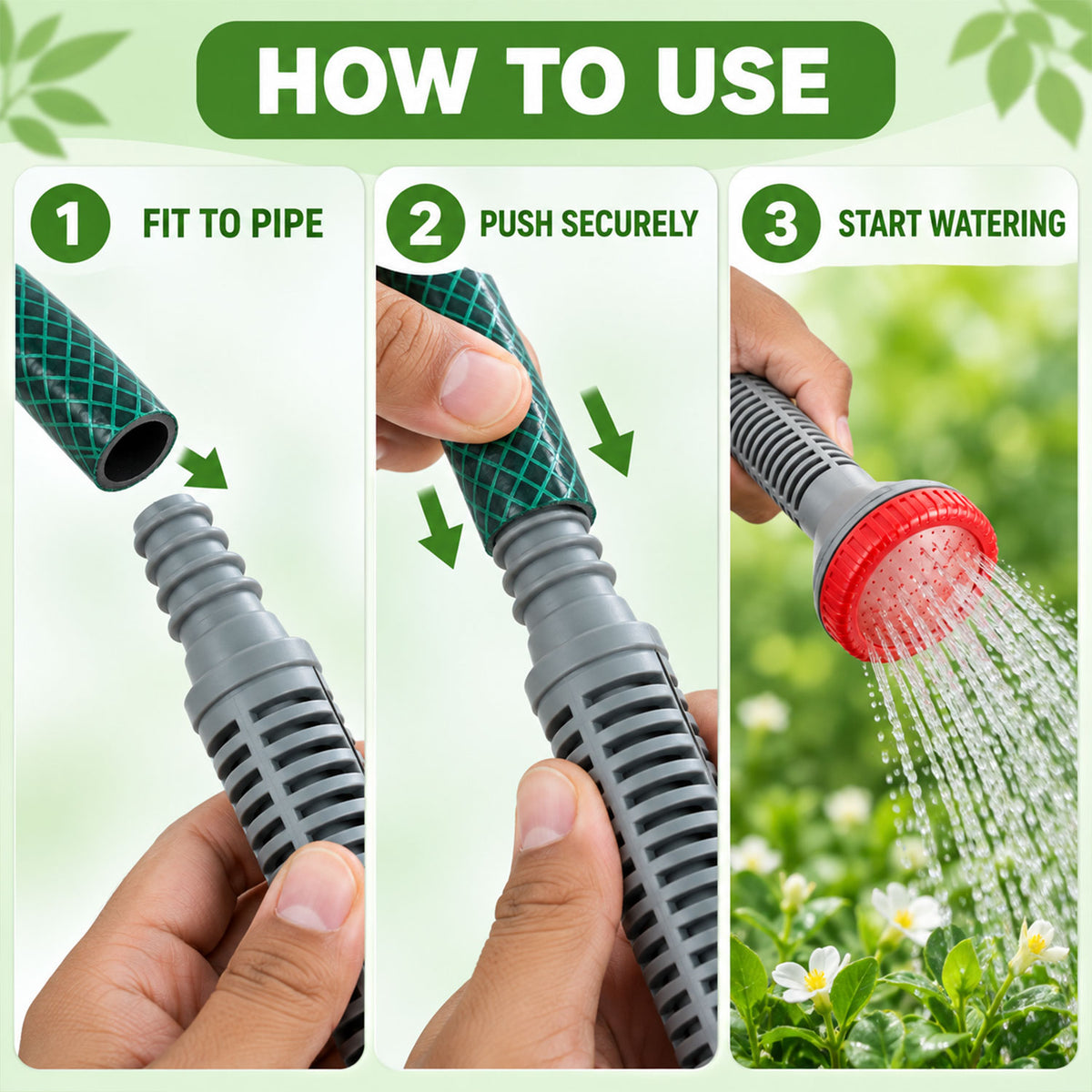 Three panels show how to use the nozzle: fitting to a pipe, pushing securely, and water spraying onto small flowers.