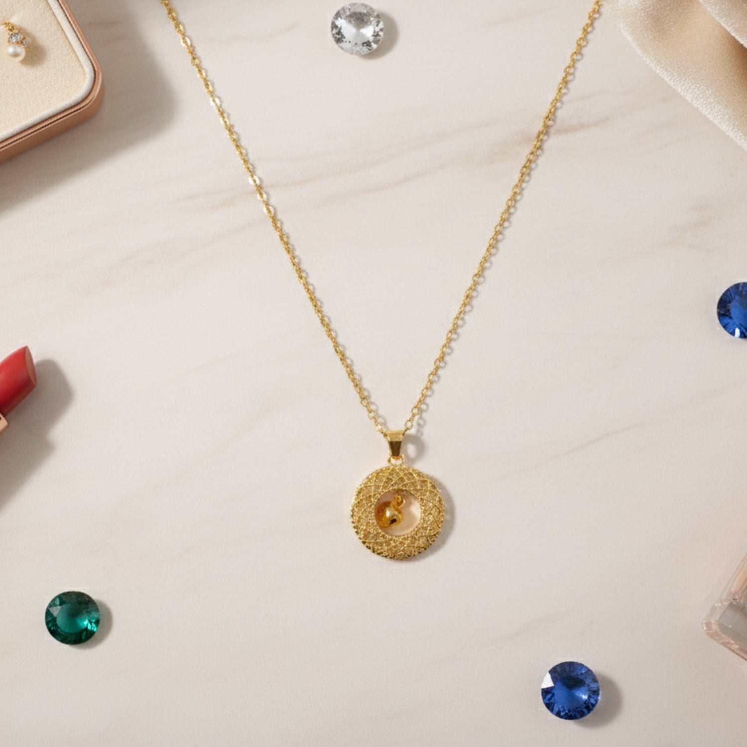 Traditional Gold-Tone Round Jhumka Pendant Chain Necklace (1 Pc)