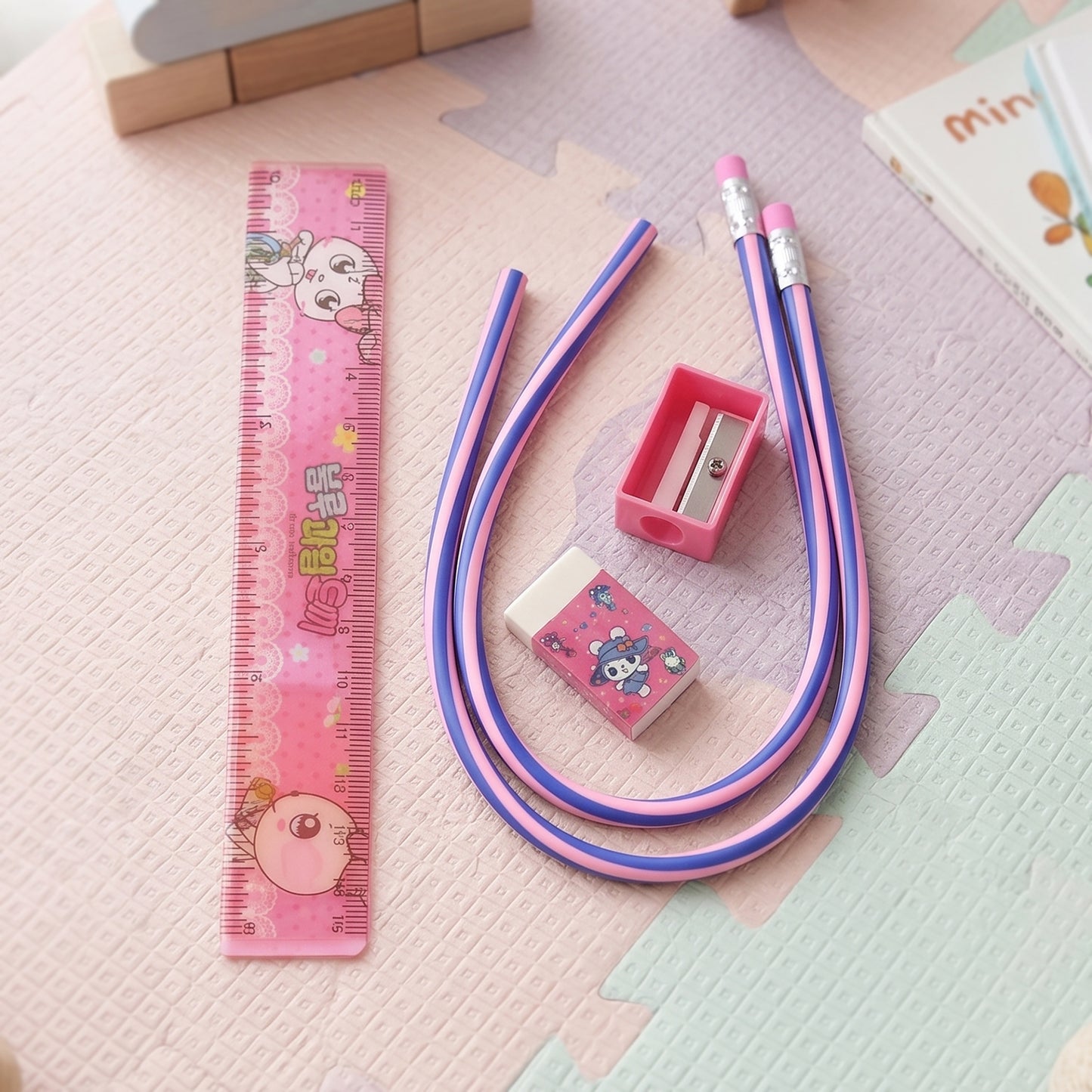 Angle view of kids school stationery kit