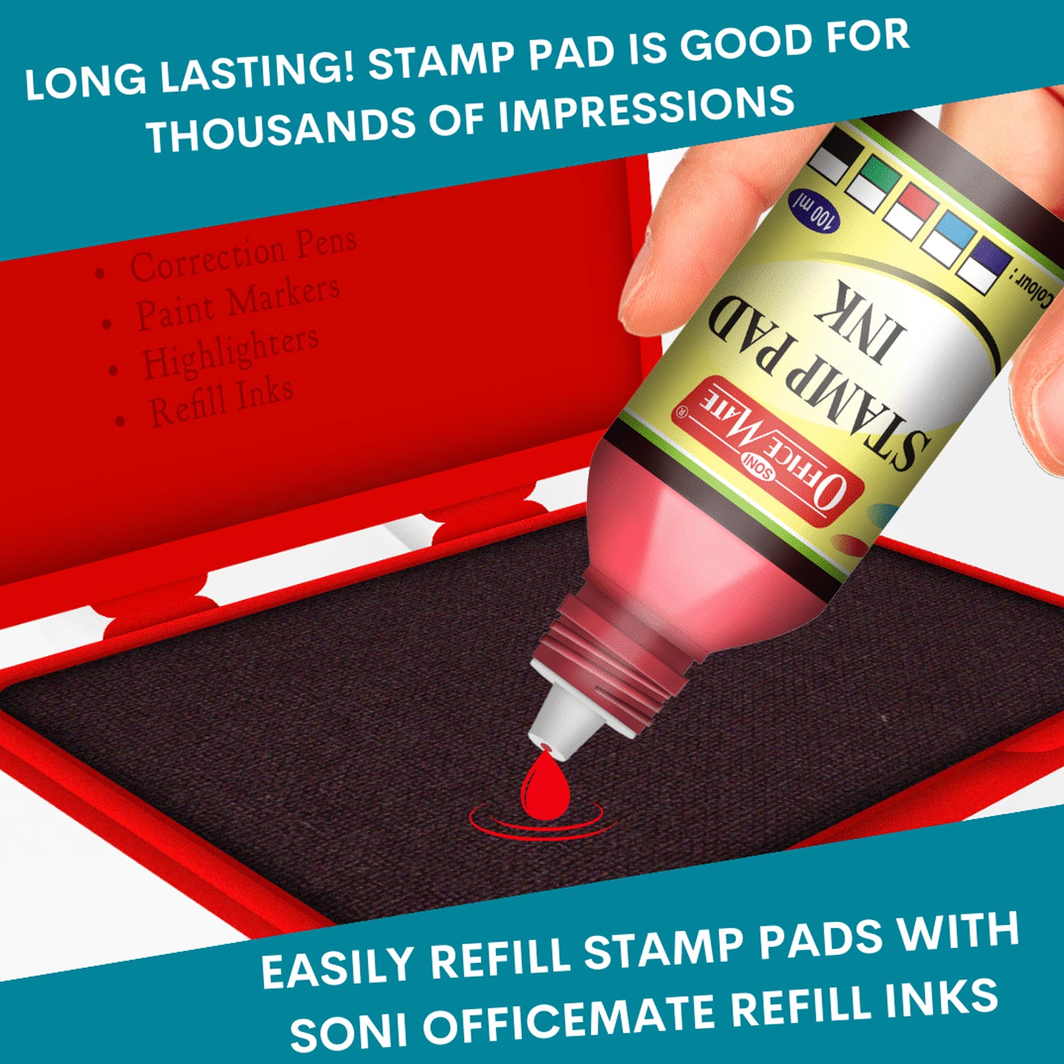 Officemate Stamp Pad Ink 100ml – Long-Lasting, Fade-Resistant, Premium Refill Ink