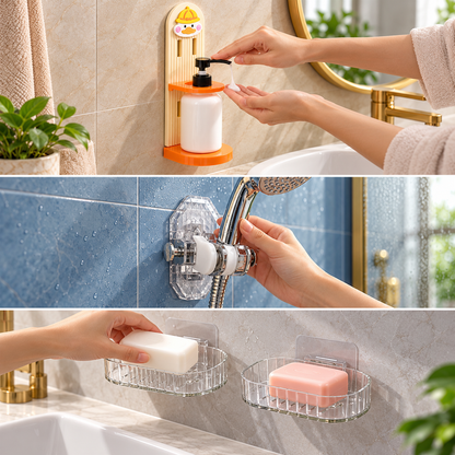 A collage shows hands using a soap dispenser, adjusting a shower head, and placing soap bars.