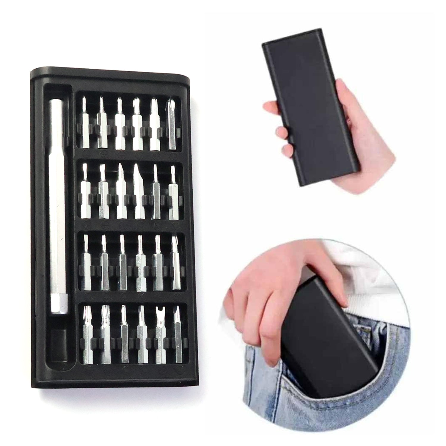 Inside view of precision screwdriver case with organized tool bits