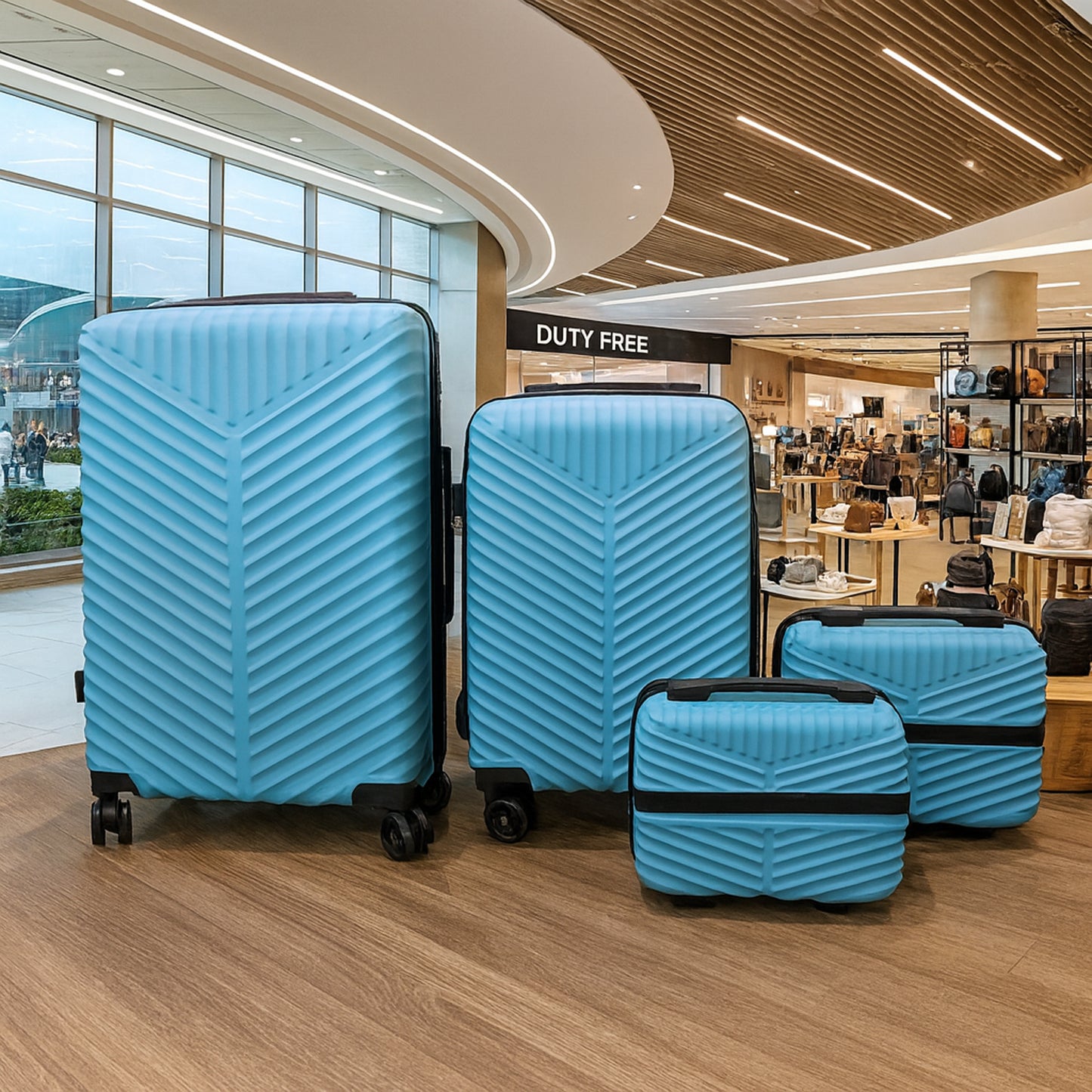 Close-up of 4-in-1 luggage set with open suitcase showing interior compartments