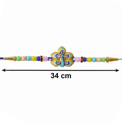 A colorful beaded bracelet with a peacock feather design is shown on a white background, with a 34 cm length measurement.