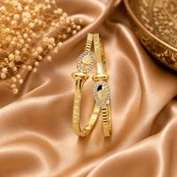 Elegant Gold-Plated Teardrop Motif Kadli Bangles Set with Sparkling CZ Stones