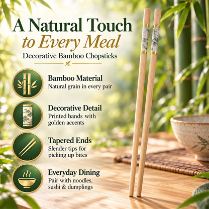 Bamboo Chopsticks with Decorative Bands for Noodles and Sushi Use (10 Pair)