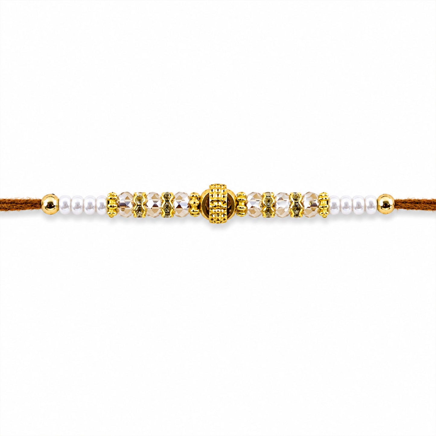 Minimal Pearl Golden Bracelet Rakhi with Sleek Beads and Elegant Red Thread