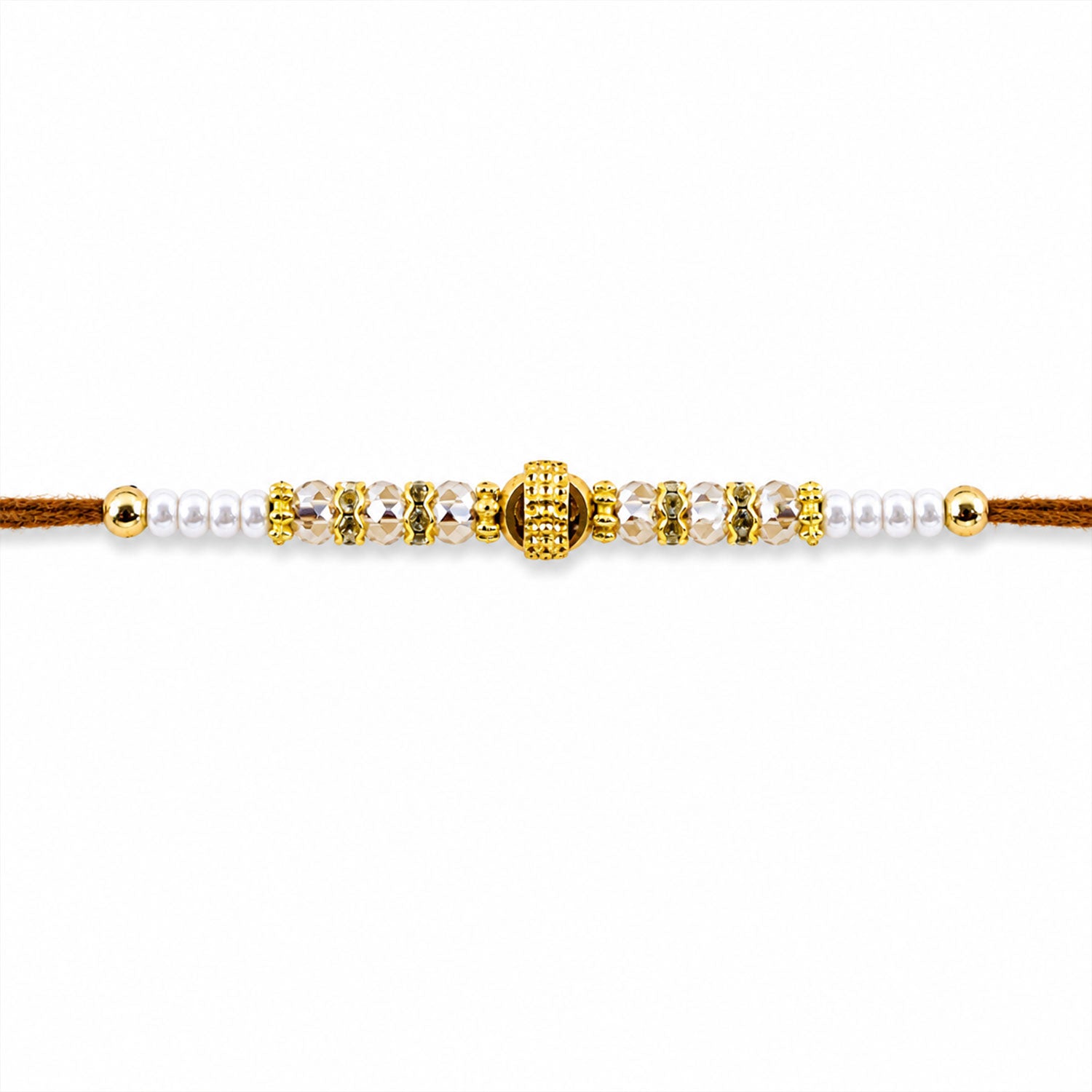 Minimal Pearl Golden Bracelet Rakhi with Sleek Beads and Elegant Red Thread