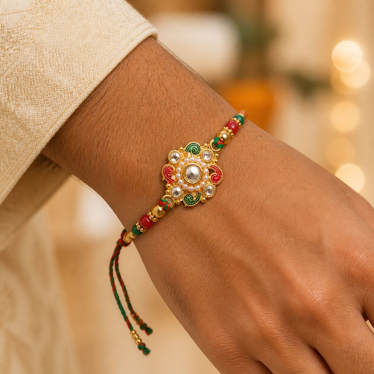 Elegant Rakhi with Floral Medallion and bead line in chain look for Gift Styling