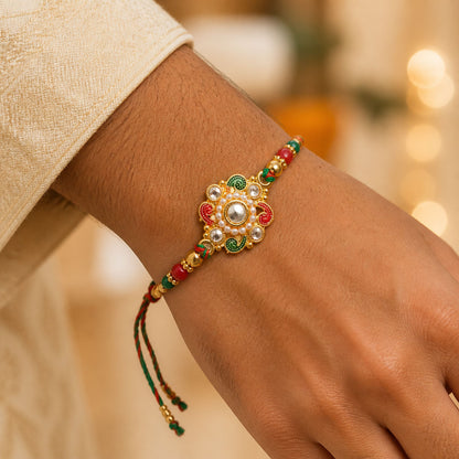 Elegant Rakhi with Floral Medallion and bead line in chain look for Gift Styling