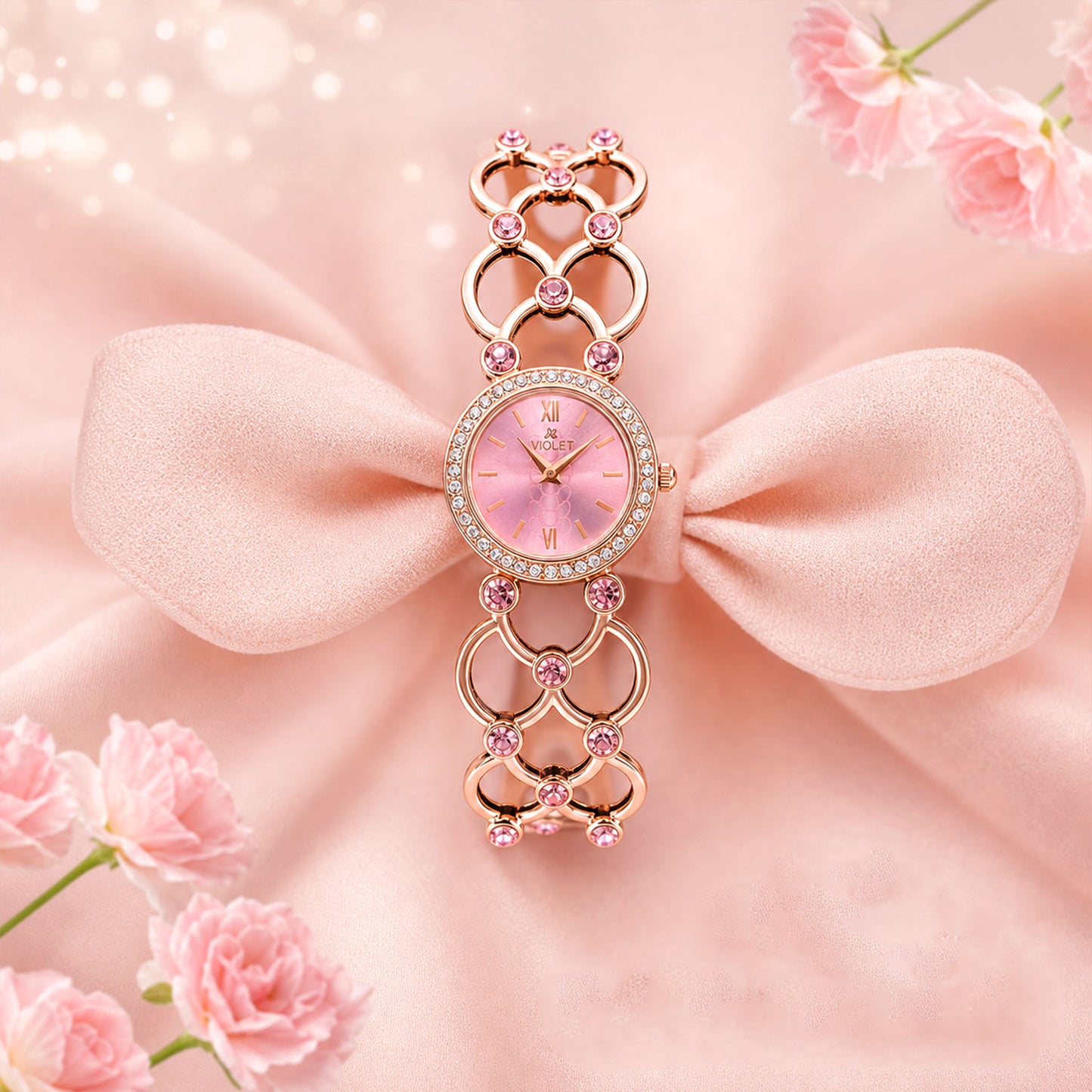 Rose Gold Round Shape Dial Watch with Crystal Bracelet Style Strap for Women