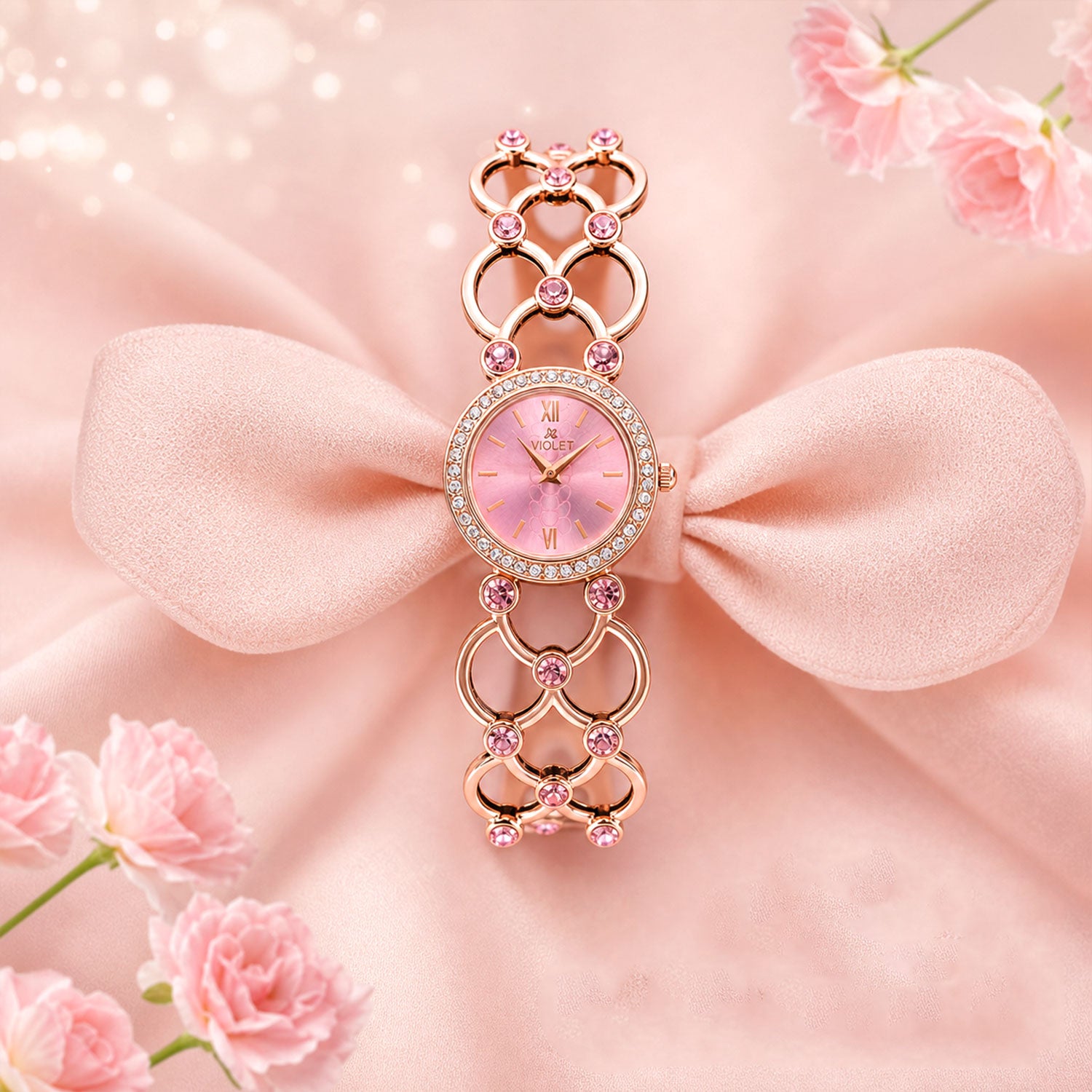 Rose Gold Round Shape Dial Watch with Crystal Bracelet Style Strap for Women