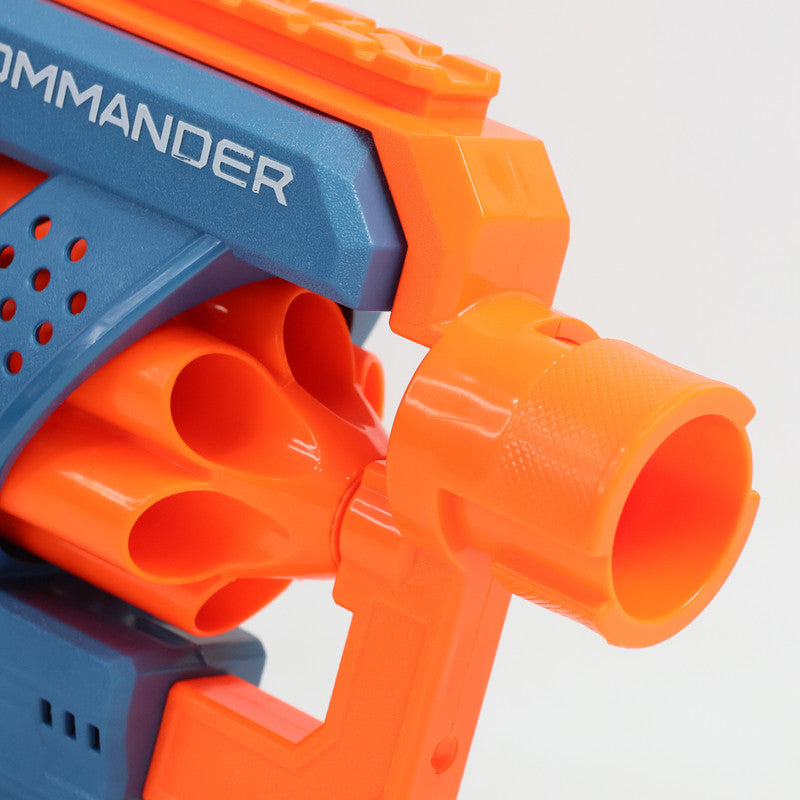 Nerf Elite 2.0 Commander Blaster in action during an outdoor foam dart battle