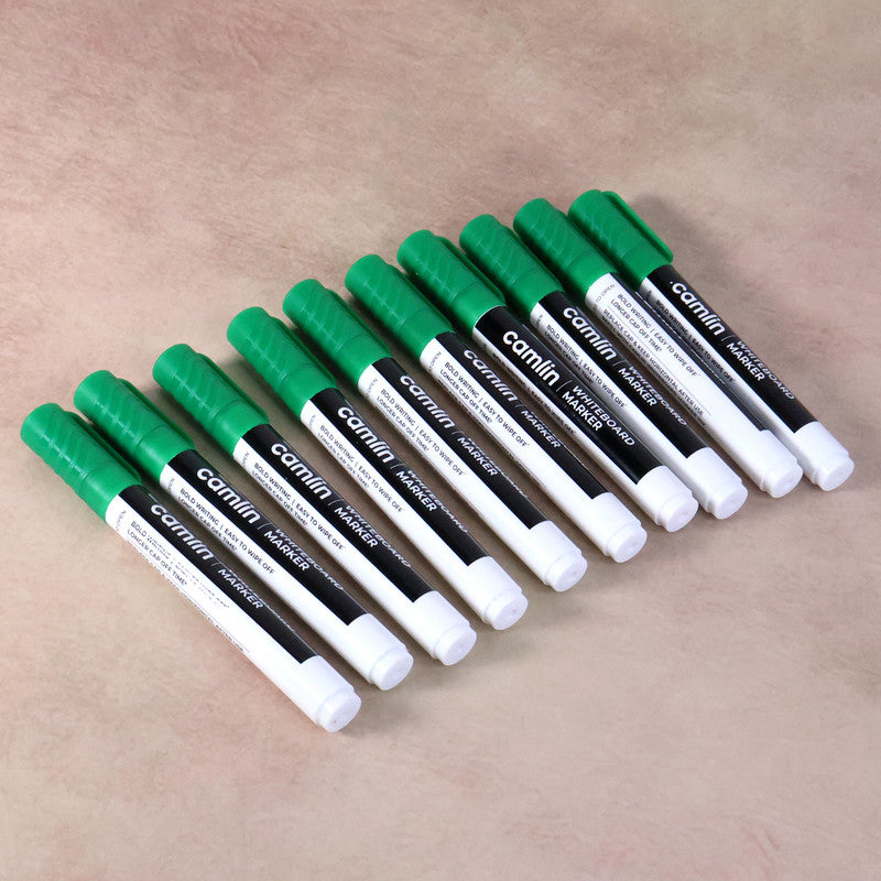 Camlin Whiteboard Marker – Green Colour, Bold & Refillable Ink, Smooth Writing Marker for Whiteboards – Pack of 10