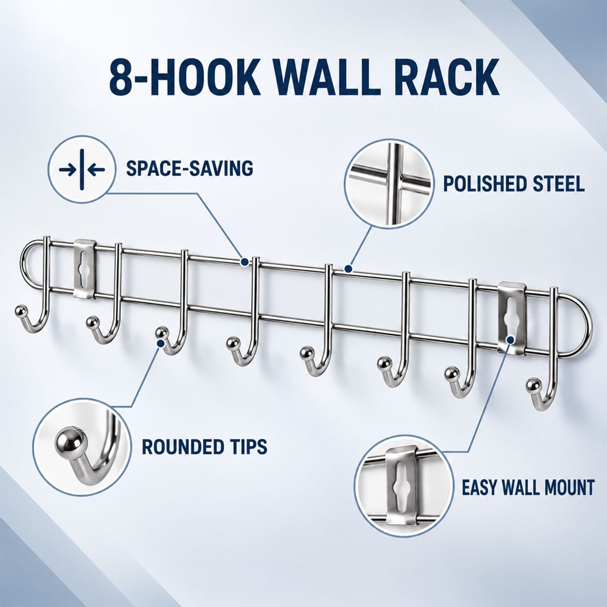 Steel Wall Mount Hanger Rack with 8 Rounded Hooks (1 Pc, Approx. 47 cm)