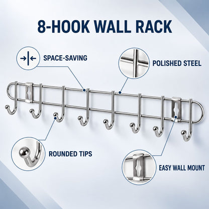 Steel Wall Mount Hanger Rack with 8 Rounded Hooks (1 Pc, Approx. 47 cm)