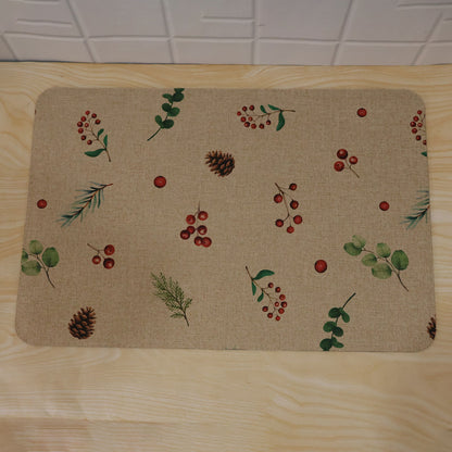 Botanical Berry Print Bath Mat, Linen Look Anti-Slip Floor Rug (1 Pc, 57x38 Cm)