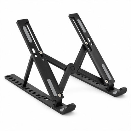 A black foldable laptop stand with silver non-slip strips is displayed in an open, angled position on a white surface.