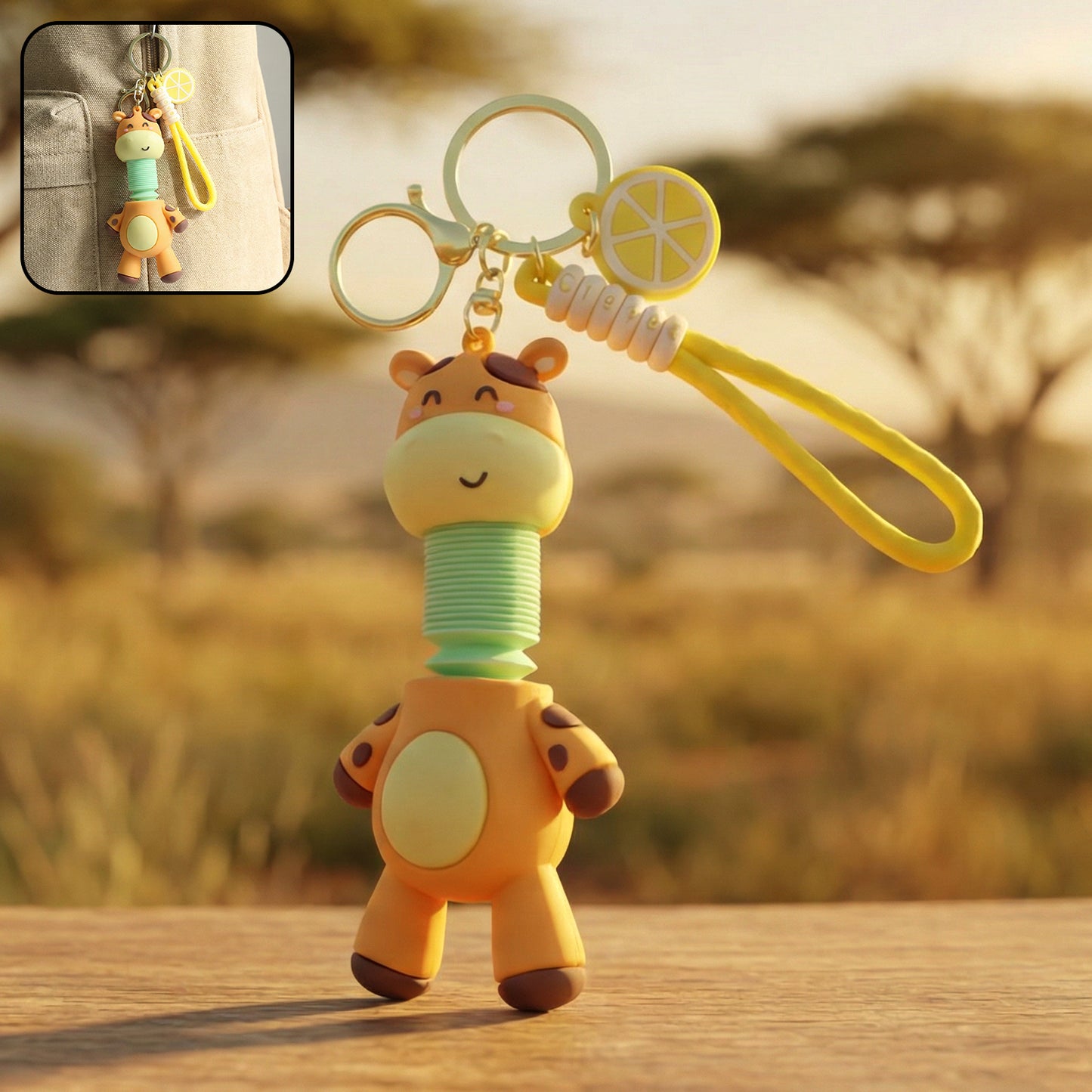 Giraffe keychain with metal ring and wrist strap