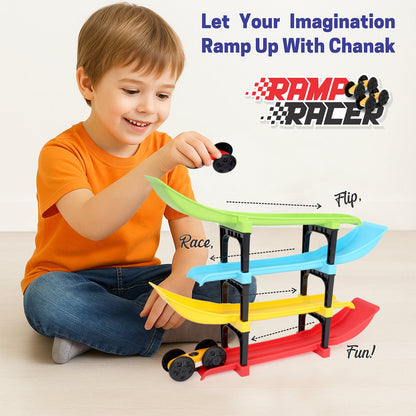 Aditi 4-Layer Colourful Ramp Racer Track Set with 2 Big-Wheel Cars & Connectors – Sturdy ABS Track Toy for Kids