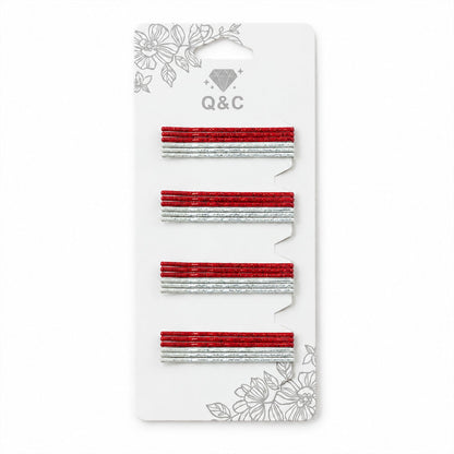 glitter red and silver metal hair pins set