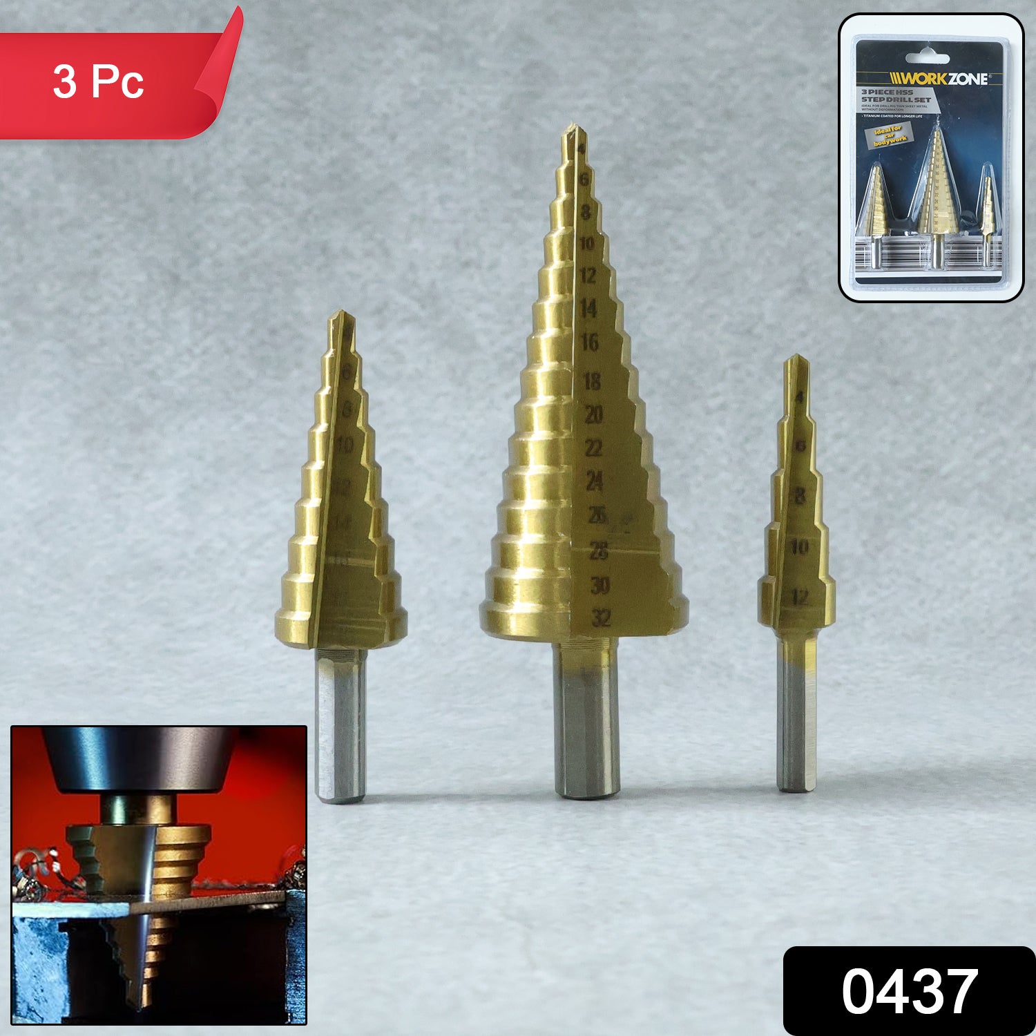 Close-up of step cone drill bits titanium coated