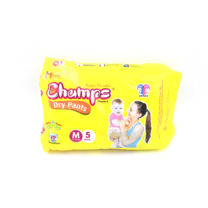 0973 Medium Champs Dry Pants Style Diaper - Medium (5 pcs) Best for Travel  Absorption, Champs Baby Diapers, Champs Soft and Dry Baby Diaper Pants (M, 5 Pcs )