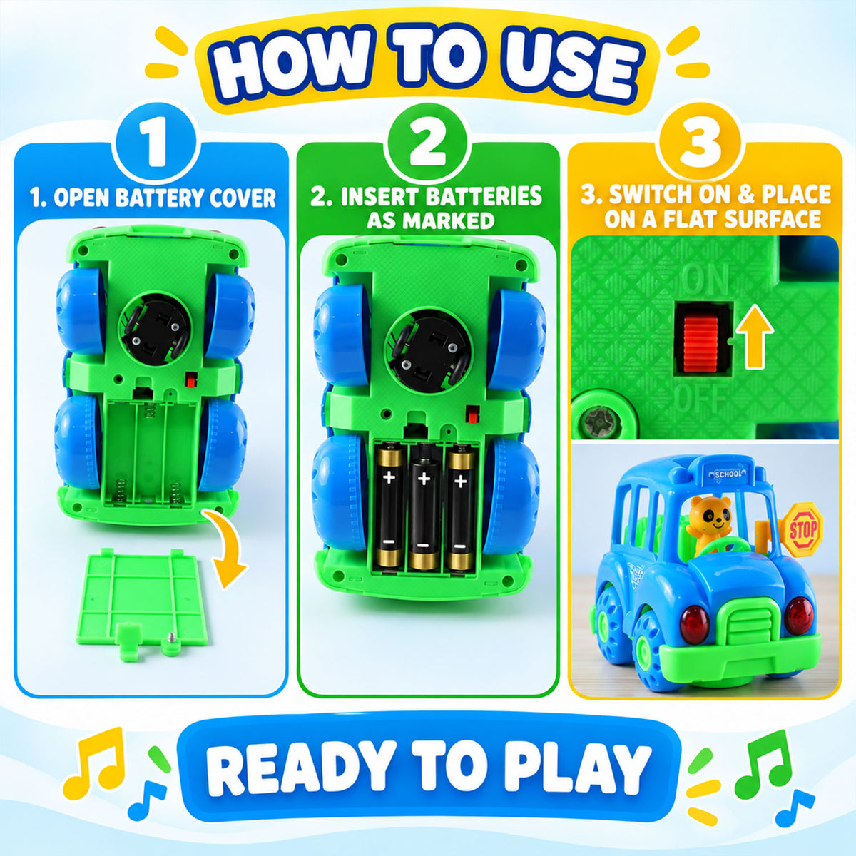Battery Operated Musical School Bus Toy with Flashing Lights and Motion (1 Pc)
