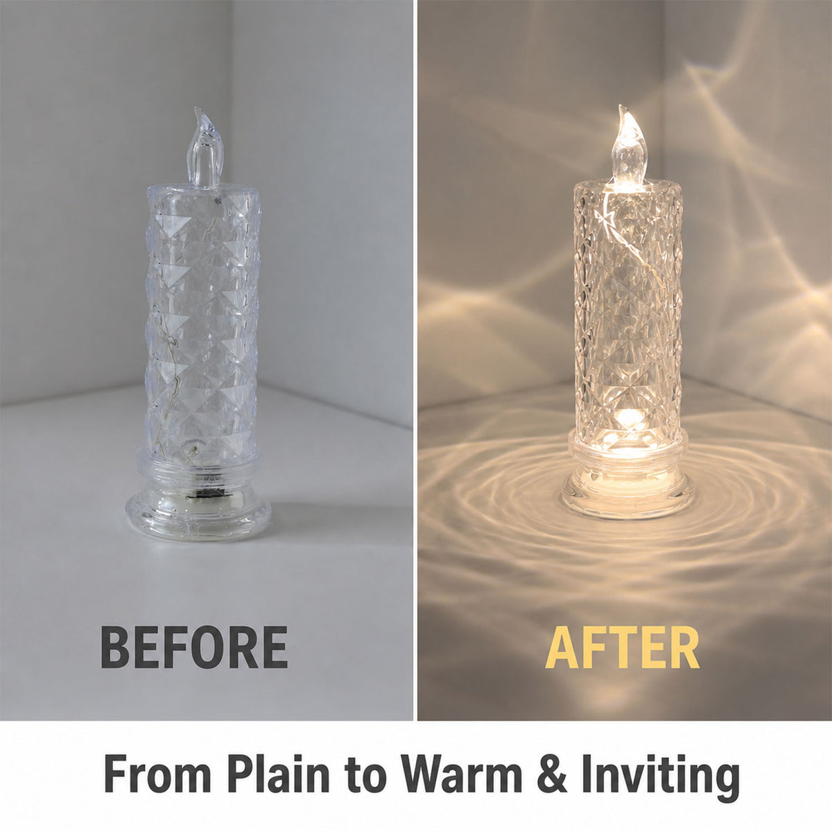 A side-by-side comparison of the crystal LED candle unlit and lit, showing its transformation from plain to warm and