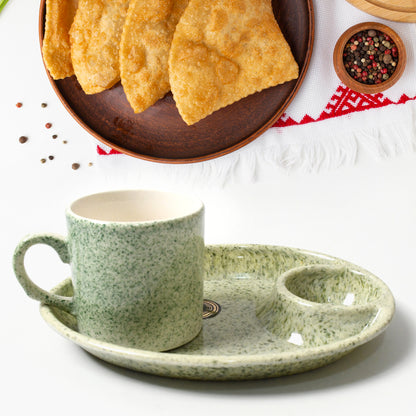 Ceramic Tea/Coffee Cup Set - Alpino 3-Piece with 2-Compartment Serving Platter (BPA-Free)