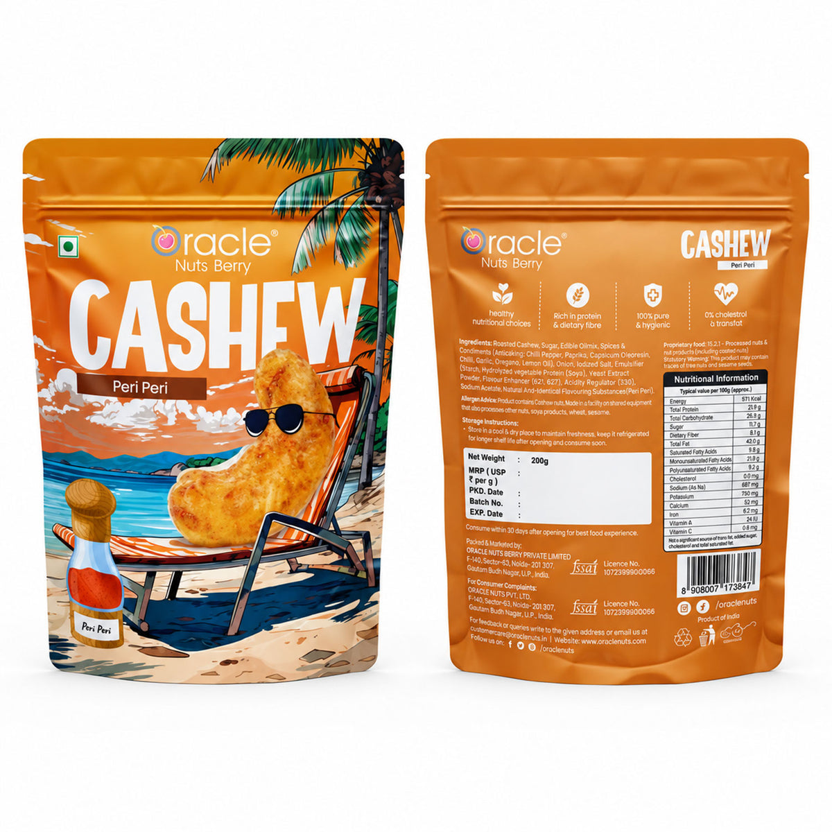 Peri Peri Cashews Premium Roasted Crunchy Kaju with Spicy Fiery Hot Masala (200g)